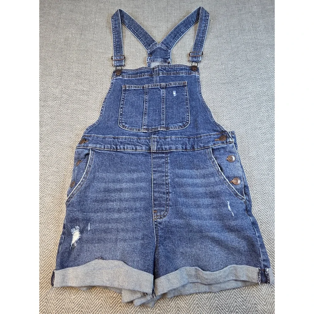 No Boundaries Women Distressed Denim Short Overall Medium Wash Blue Size L 11-13